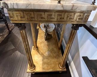 27. Stone Top Console Table w/ Gallery and Greek Key Detail and Metallic Finish (50" x 16" x 31")