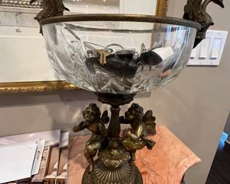 32. Antique Glass Bowl with Bronze Cherub Base