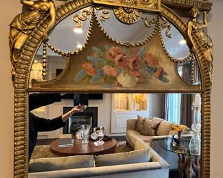 28. Antique Mirror w/ Carved Gilt Frame and Poppy Still Life Painting (45" x 64")
