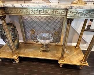 27. Stone Top Console Table w/ Gallery and Greek Key Detail and Metallic Finish (50" x 16" x 31")