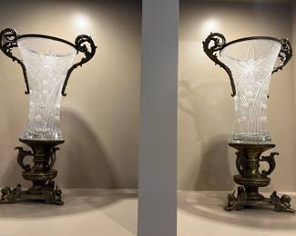 19. Pair of Etched Glass Urns w/ Metal Detail (8" x 8" x 22")