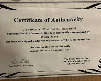 66. Signed Willie Mays Giants Jersey w/ Certificate of Authenticity (39" x 35")