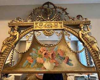 28. Antique Mirror w/ Carved Gilt Frame and Poppy Still Life Painting (45" x 64")