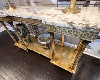 27. Stone Top Console Table w/ Gallery and Greek Key Detail and Metallic Finish (50" x 16" x 31")
