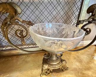 29. Antique Etched Glass Bowl with Bronze Dragon Handles (17" x 9' x 13")