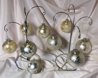 9 silver glass round ornaments
