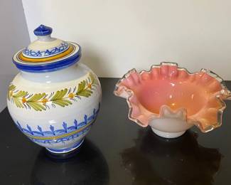 Asian inspired jar and vintage pink small bowl
