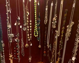 Beaded necklaces, chokers, and costume necklaces and wine colored velvet jewel box