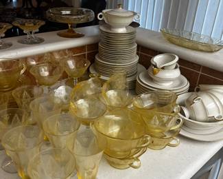 Extensive collection of amber yellow etched crystal items