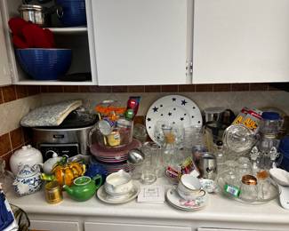 Ninja crockpot, Emile Henry bowls, glassware, pie dishes from Temptations, tea pots