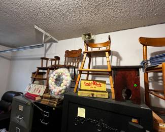 High chairs, filing cabinets, vintage items