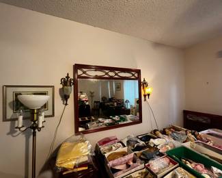 Antique mirror, sconces, twin bed, floor lamp, shoes size 7.5-8, dolls