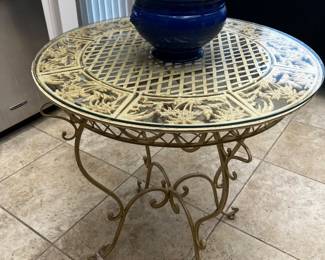 Iron table with 4 folding chairs, Emile Henry tureen