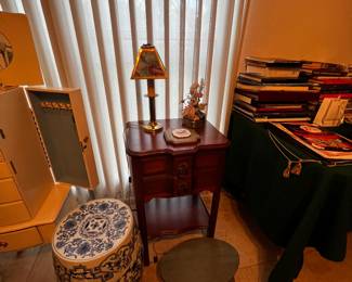 Chinese pottery table, stool, nightstand, lamp