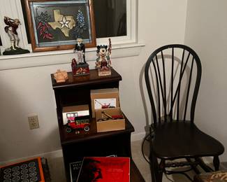 Vintage end table, wood rocker, albums