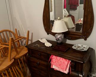 Antique dresser and mirror 
4 light oak chairs