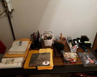 Small desk, office supplies