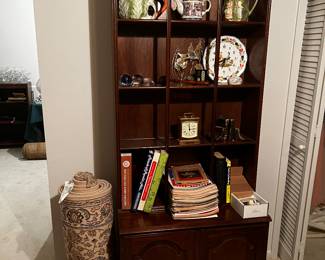 Wood shelf with cabinet, Fitz and Floyd bunnies, bookends, brass clock