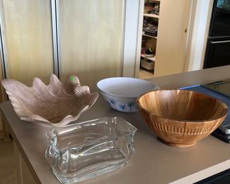 Vintage Baccarat Rectangular Crystal Bowl, 2 Tommy Bahama melamine Serving Bowls, A Vintage Large Clam Shell Serving Bowl