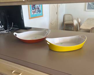 Copco Denmark Michael Lax Yellow and Burnt Orange Enamel Cast Iron  Pans Vintage 