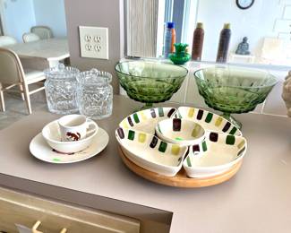 Hazel Atlas El Dorado Green Glass Pedestal Bowls (2), vintage, Red Ridinghood Plate Set, Vintage WATERFORD LISMORE BISCUIT BARREL Lead CRYSTAL Jars With Lids, 