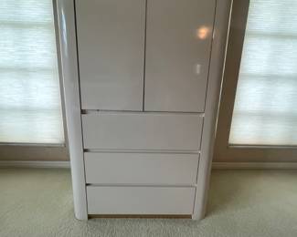 Vintage 1980s cream colored lacquer high boy dresser by Lane.