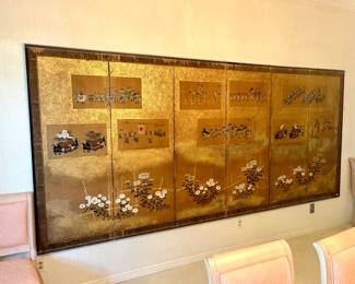 19th C. Japanese hand painted six panel folding screen. Approx. 12’5”