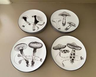 12 Ceramic Plates.  Mushrooms Hand-Painted Made in Italy 8" Four designs