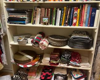 Chargers, table linens, napkin rings, cloth napkins, cookbooks