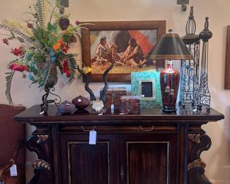Gorgeous Hekman Turazza Italian buffet in excellent condition. Howard Terpning limited edition giclèe. Maitland Smith lamp and lots of other fab accessories 