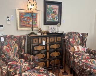Pair of Craftmaster armchairs and ottomans, Drexel chest, Beth Gilliam watercolors
