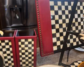 Rare MacKenzie Childs courtly check and leather and enamel desk blotter, file holders