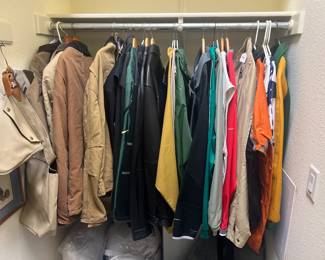 Men’s jackets including Carhart, leather, Harley Davidson, Nike , Cowboys jerseys