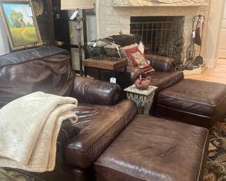 Pair of Drexel Heritage leather chairs and ottomans 