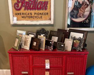 Red wicker dresser, tons of frames