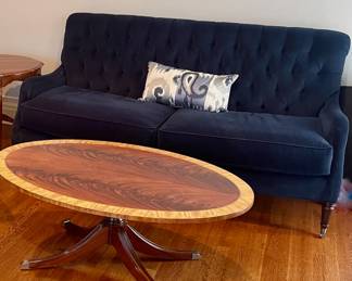Velvet sofa, Ethan Allan coffee table