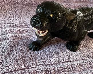 Rare Obsedian carved panther with diamond gold eyes, signed