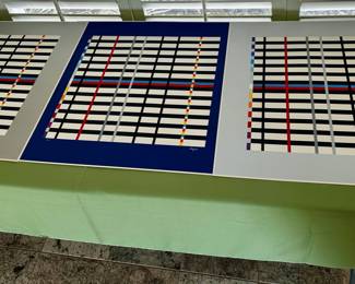Yaacov Agam" Homage To Modrian" in 3 border colors, Grey Claire de lune and royal blue.  Have been in the original packaging since late 1980's Fresh from Printer/