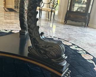 This is a stunning Karges hand carved Dolphin tripod base dining or foyer table   