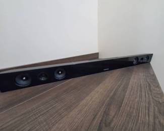 Samsung Soundbar
Samsung HW-E450 Soundbar (does not include subwoofer or remote). Four 2" midrange drivers,
two 3/4" dome tweeters, built-in 5.8 GHz transmitter can send signal to Samsung Woofer. Built-in Bluetooth for audio streaming from compatible smartphones, tablets and laptops. Wall mountable.
Measures-
35-11/16"W x 2-3/4"H x 2"D