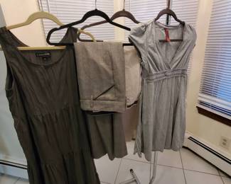 Dresses & Pants feat. Eileen Fisher, Desmero Italy
Eileen Fisher medium sized dress, Celebrity Pink medium sized longer shirt. Desmero Italy 29 stripped slacks, and Dalia Collection Size 8 grey pants.