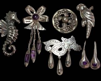 COLLECTION MODERNIST MEXICAN STERLING SILVER BROOCHES & EARRINGS JOSE ANTON, HEATHER
