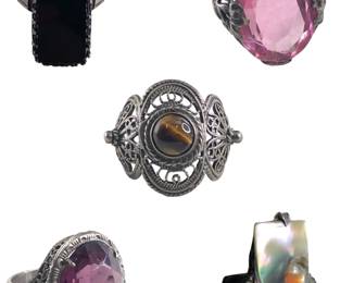Collection (5) Sterling Silver, Marcasite, Filigree, Abalone Gemstone Rings