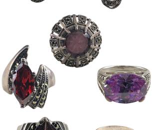 Collection (7) Sterling Silver, Marcasite, Gemstone Rings