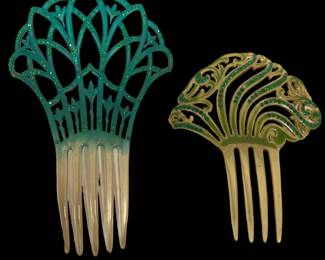 Two Victorian Era Green Rhinestone Hair Combs