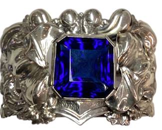 ORNATE STERLING SILVER CUFF BRACELET W BLUE STONE
