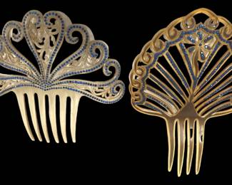 Two Victorian Blue Rhinestone Hair Combs 