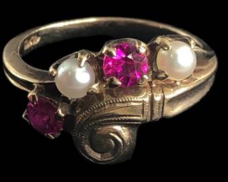 10k Art Moderne Ring, Pearl, Ruby