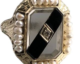 Art Deco 14k Diamond Pearl Onyx Filigree Ring