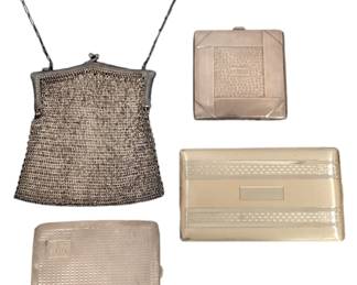 COLLECTION (4) STERLING SILVER VINTAGE POWDER COMPACTS, CIGARETTE HOLDER & COIN PURSE
